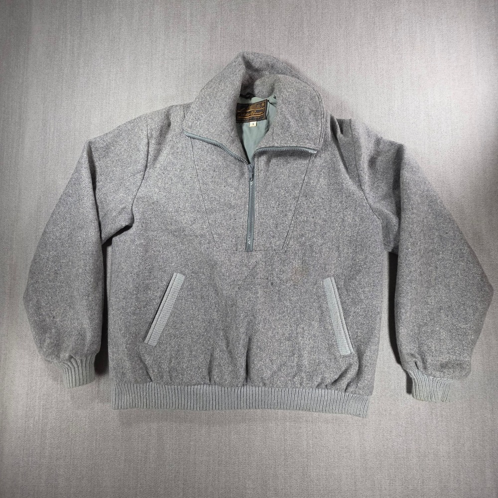 Eddie Bauer Quarter Zip Pullover Men Small Gray Vintage Wool Blend Jacket